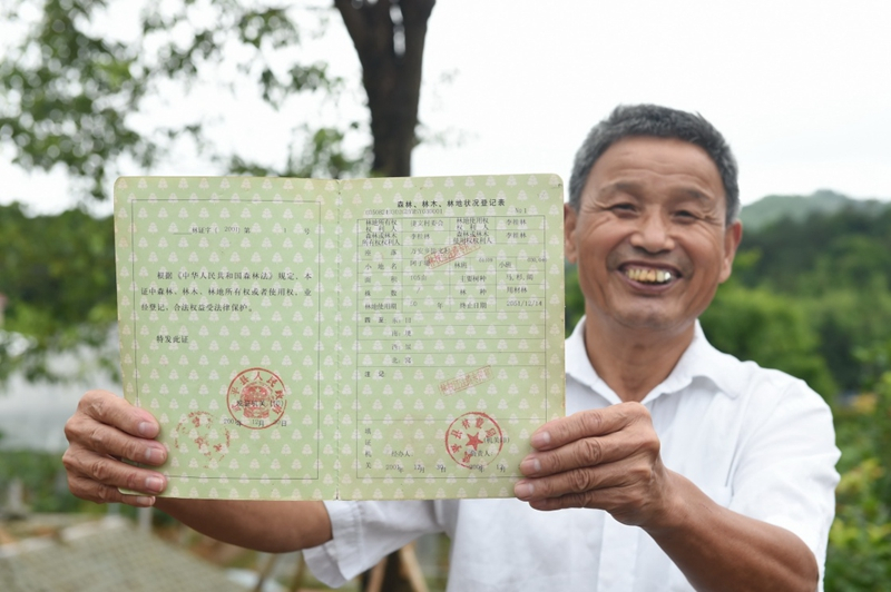 2017年6月13日，福建武平縣萬安鎮(zhèn)捷文村村民李桂林展示林權改革后領到的全國第一本新式林權證。