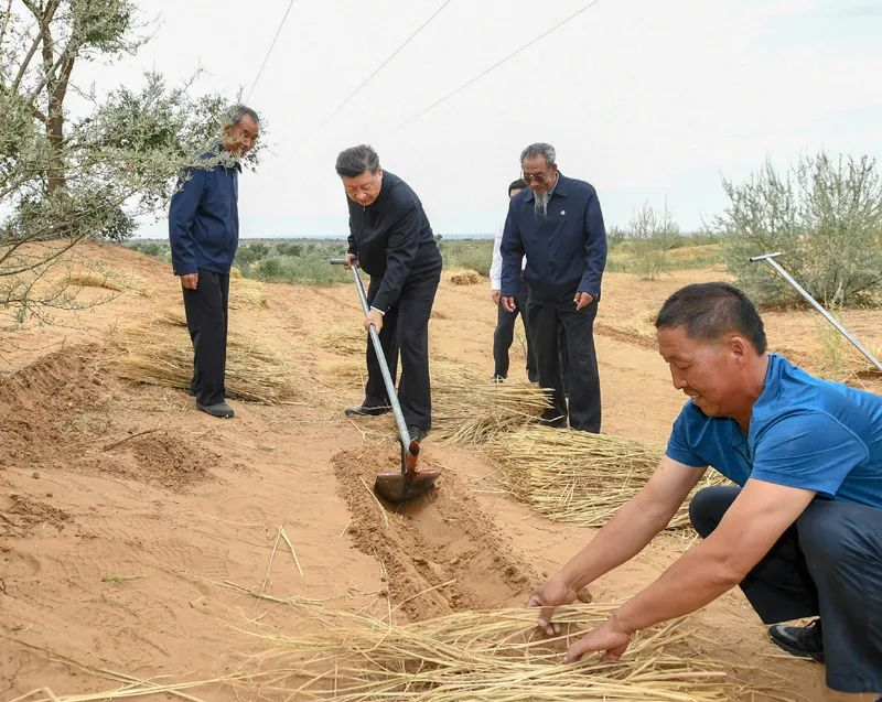 2019年8月21日，習(xí)近平來到甘肅省武威市古浪縣八步沙林場，實地察看當?shù)刂紊吃炝帧⑸鷳B(tài)保護等情況。新華社記者 謝環(huán)馳 攝